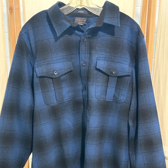 NEW PENDLETON Scout Sz L Blue Black Buffalo Plaid 100% Wool Long Sleeve Shirt - Picture 2 of 7